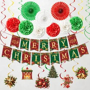 Weihnachtsparty-Dekorationsset mit Papierfächern, Bannern und bunten Hängespiralen.