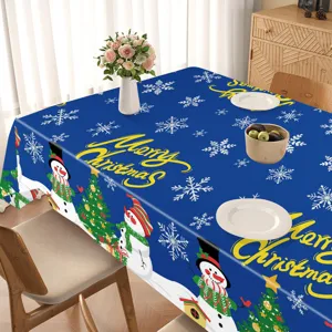 Blaue Weihnachtstischdecke mit festlichen Schneefällen und Schneemann Mustern für Partys.