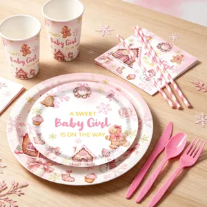 Roze peperkoek meisje babyshower feest wegwerp papieren borden kopjesservies set.