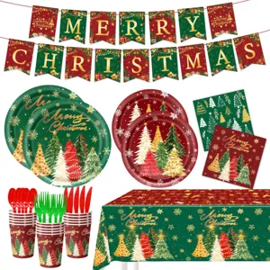 Kerstboom Sneeuwvlok Bedrukt Feestartikelen Set Tafelkleed Papieren Borden Bekers Banner Hangende Spiraal Ballonnen Servies Decoratie Voor Festival Vakantie Decor