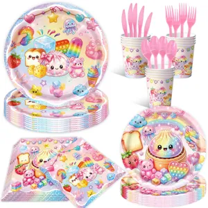 Niedliches Cartoon Dumpling Party Geschirr Set mit Papptellern Bechern Servietten und Besteck.