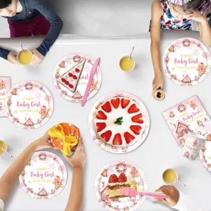 Roze peperkoekenhuis babyborrel feest papieren borden bekers en servetten set
