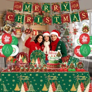 Weihnachtsfeier Dekorationsset mit Papptellern Bechern Tischtuch und Banner für Party.