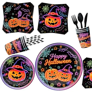 Neon Halloween Party Geschirr Set mit Pappteller Becher Servietten für Feiertag Deko