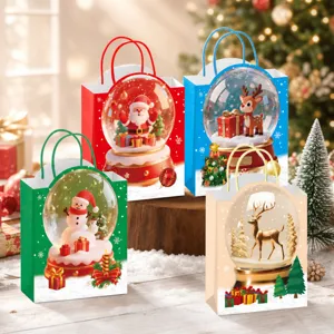 Detailed shot of Christmas paper gift bags featuring festive snowglobe prints and sturdy handles.