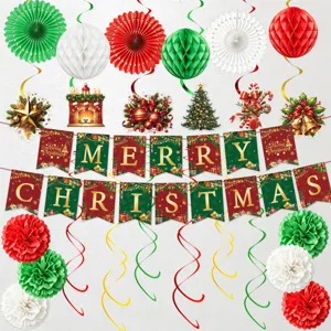 Weihnachtsfeier Dekoration Set mit Hängeflaggen Papierfalter und Wabenbällen für Party.
