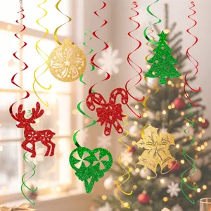 Decoraciones colgantes de espiral navideñas con formas de árbol y reno con brillantina.