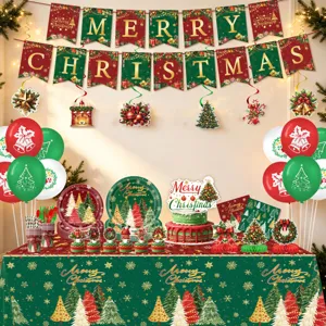 Weihnachtsfeier Dekorationsdetail, festliche Pappteller Becher Tischdecke Banner Set.