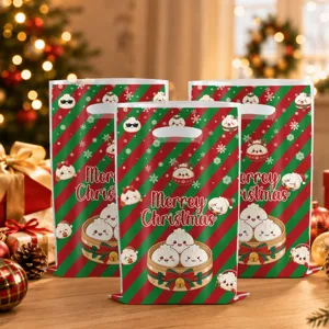 Borse regalo di Natale in plastica con simpatico design baozi, righe rosse e verdi.
