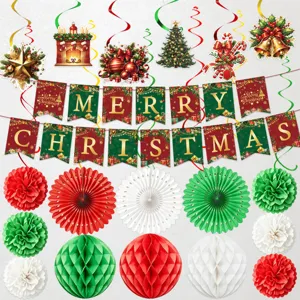 Weihnachtsfeier Dekoration Set mit Banner Papierblumen und Wabenbällen für festliche Deko