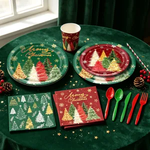 Weihnachtsparty Einweg-Papiergeschirr-Set mit Baummustern und festlichen Design-Details