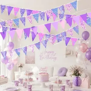 Purple pink laser triangle bunting flags for birthday party decoration and holiday celebration.