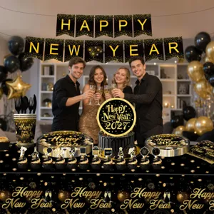 2027 Neujahr Party Dekoration Set schwarz gold Banner Luftballons Geschirr Zubehör