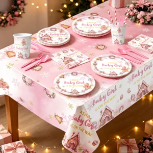 Roze peperkoekhuisje babyshower feest wegwerp servies papieren borden bekers set
