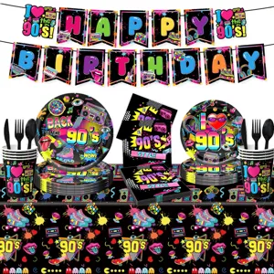 Suministros de Fiesta Temática Retro Años Noventa Pancarta Platos de Papel Vasos Servilletas Mantel Desechable Decoración Cumpleaños