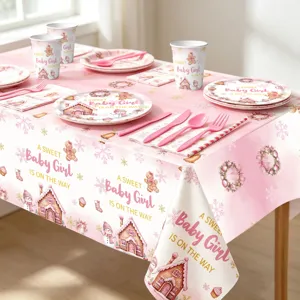 Roze peperkoekenhuis babyshower feest servies set wegwerp papieren borden bekers