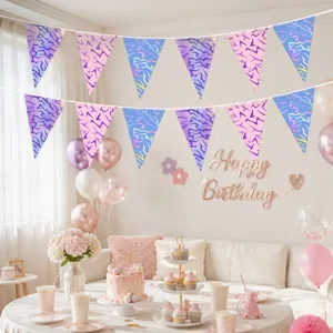 Purple and pink holographic triangle banner for birthday party decorations and festive bunting.