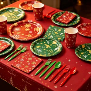 Ensemble de vaisselle jetable de Noel rouge et vert assiettes tasses serviettes nappe