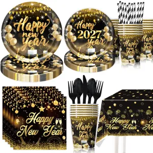 2027 Neujahrsfest Party Geschirr Set Schwarz Gold Papierteller Becher Servietten Tischdeko