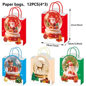 Christmas paper gift bags set of 12 with cute snow globe Santa and reindeer designs.