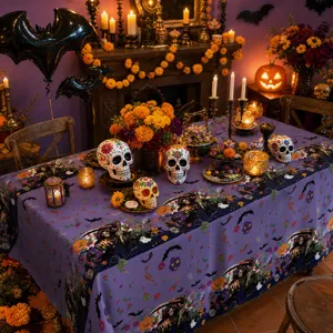 Halloween tafelkleed met doodskoppen pompoenen en maaiers voorgeklede feestdecoratie.