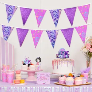Purple pink laser triangular bunting birthday party decoration paper banners and cake toppers.