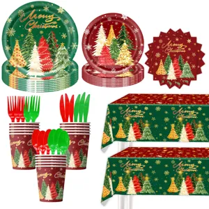 Weihnachtsbaum Schneeflocke Muster Festliche Party Einweg Geschirr Set Merry Christmas Banner Pappteller Becher Tischdecke Waben Ornamente Für Feiertag Feier Party Zubehör Dekor