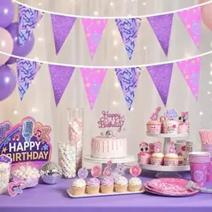 Birthday party decoration set with purple pink laser bunting banner, cups, plates.