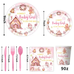 Peperkoek baby meisje feest wegwerp servies papieren borden bekers servetten set 9 inch