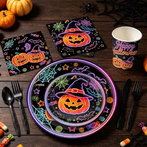 Halloween Party Geschirr Set Neon Kürbis Pappteller Becher Servietten für Festdekoration