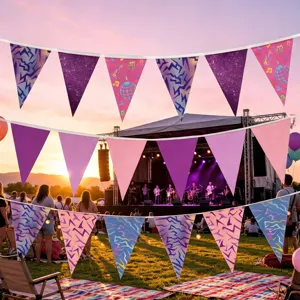Purple pink laser triangle bunting banner for birthday party decoration and festival vibe setup.
