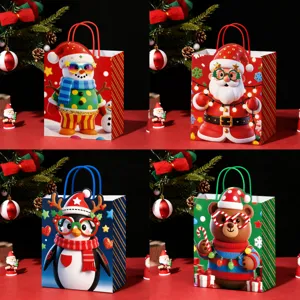 Weihnachtspapiertüten mit süßen Schneemann Weihnachtsmann Pinguin Bär Motiven für Geschenke.