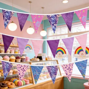 Purple pink laser triangle bunting flags for birthday party decoration and atmosphere setup.