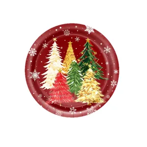 Weihnachtspapierteller Einweggeschirr für Feiertage mit roten Weihnachtsbäumen.