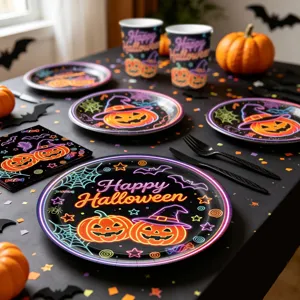 Halloween Party Geschirr Set mit bunten Kürbis Papptellern, Bechern und Servietten für Gruselpartys.
