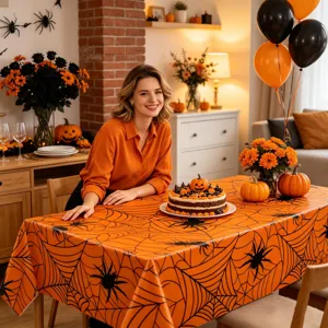Halloween spider web disposable orange tablecloth for party decoration, waterproof table cover.