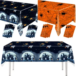 Halloween disposable PE tablecloth featuring spooky castle and spider web designs for party decor.