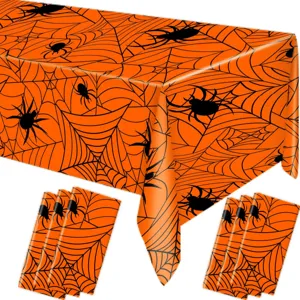 Detailed view of Halloween spider web printed disposable PE tablecloth and napkins set.