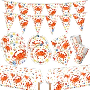 Stoviglie Usa e Getta a Tema Granchio Estivo Oceano Piatti di Carta Bicchieri Tovaglioli Tovaglia Banner per Forniture per Feste di Compleanno in Spiaggia