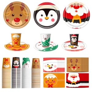 Weihnachtsparty Einweggeschirr Set, süße Cartoon Pappteller, Becher und Servietten.