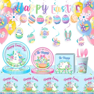 Osterparty Zubehör Set Cartoon Hase Ei Gedruckt Pappteller Becher Servietten Banner Tischdecke Für Kinder Geburtstag Feier Geschirr Deko