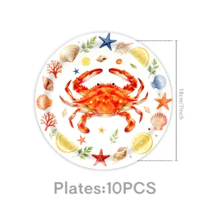 Piatti di carta usa e getta tema granchio estivo, set 10pz 18cm per festa picnic tavola.
