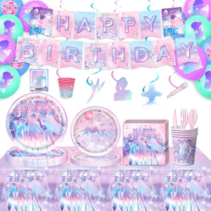 Articles de Fête d'Anniversaire Dégradé Rose Violet Holographique Bannière en Papier Ballons en Latex Ensembles de Couverts Nappe Décors de Fête