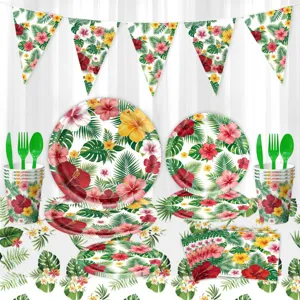 Tropical Hawaiian party tableware set including paper plates, cups, napkins, and banner.