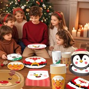 Weihnachtsparty Pappgeschirr Set Detail mit süßen Cartoon Motiven Teller Becher Servietten