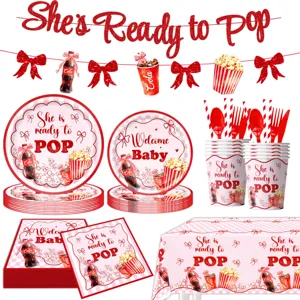Cola Thema Babyparty Deko Set mit Pappteller Becher Servietten und Tischdecke für Party.