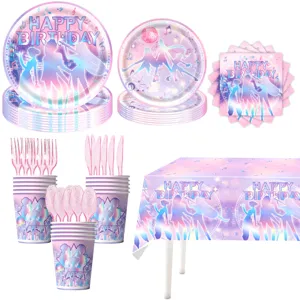 Kit de vaisselle jetable anniversaire rose assiettes gobelets serviettes nappe de fete