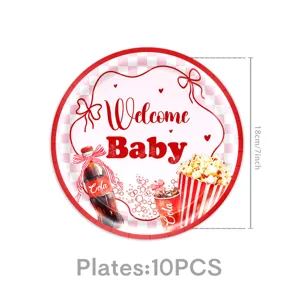 Babyparty Pappteller mit süßem Cola und Popcorn Motiv, 18 cm Partygeschirr für Feier.