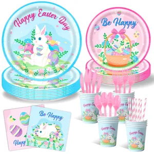 Osterhase Eier Party Geschirr Set mit Pappteller, Bechern, Servietten und Besteck.
