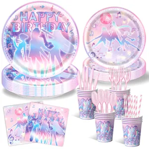 Ensemble de vaisselle de fête d'anniversaire musique disco rose assiettes tasses